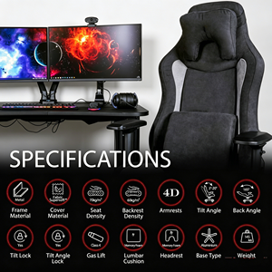 Chaise de jeu ergonomique de style racing avec revêtement en tissu suédé doux, inclinaison réglable et appui-tête amovible - Product Image 3