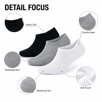 KTS341 Fabricant OEM Personnalisé 6 Paires de Chaussettes de Sport pour Hommes en Coton, Invisibles, Fines, Respirantes, Sans Coutures, Noir/Blanc/Gris pour la Course à Pied