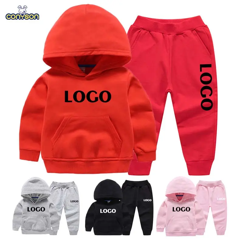Conyson Customize Logo Children Girls Clothes Suit Solid Hoodies Jogging Pants 2 Piece Kids Boys Custom Printing Tracksuits