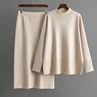 Ensemble tricoté décontracté pour femme, couleur unie, pull à col roulé et jupe mi-longue, vente en gros