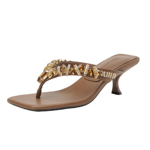 Elegantes Sandalias Marrones de Tacón con Decoración de Pedrería, Tacón Delgado, Punta Abierta, Estilo Slip-On, Zapatos de Verano para Mujer - Product Image 1