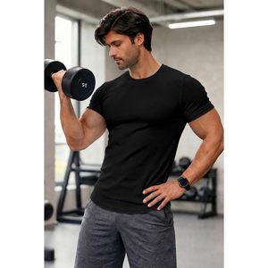 Camiseta Deportiva FOXA para Hombre, Manga Corta, Corte Ajustado, Cuello Redondo, Secado Rápido, para Gimnasio y Entrenamiento, Negra, de Poliéster Tejido - Product Image 2