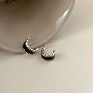 Yinruitai S925 Sterling <b>Silver</b> <b>Huggie</b> Earrings Black Epoxy Minimalist Geometric Design Everyday Wear Unisex Small Size - Product Image 4