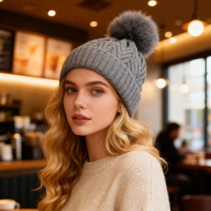 <span class=keywords><strong>Bonnet</strong></span> en <span class=keywords><strong>cachemire</strong></span> Krown de Mongolie, design de luxe, rayé, avec <span class=keywords><strong>pompon</strong></span>, tricoté, pour femme, avec fourrure, idéal pour l'hiver - Product Image 2