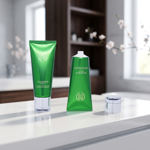 หลอดบีบพลาสติก PE สีเขียวเมทัลลิกเงา พร้อมฝาปิดแบบแบนเคลือบสีเงินใส สำหรับผลิตภัณฑ์ทำความสะอาดผิวหน้าด้วยกรดอะมิโน - Product Image 1