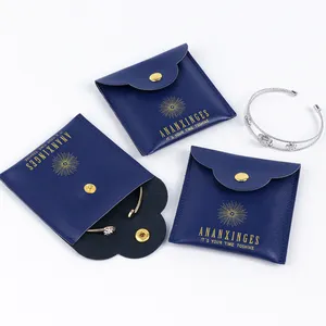 Blue Earrings Bracelets Necklaces Button Bag Custom Jewelry Packaging Pouch Bag Faux Pu Leather Jewelry Pouch With Logo