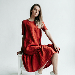 Hermoso vestido rojo occidental 100% Lino Tejido ecológico Cintura natural Sangre Rojo Hasta la rodilla Estilo Simple Recto - Product Image 1