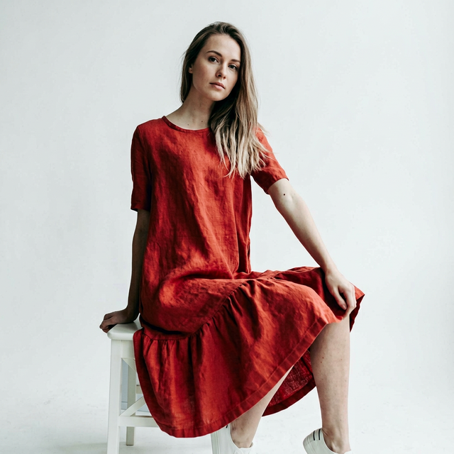 Western Beautiful Red Dress 100% Linen Eco-Friendly Woven Natural Waistline Blood Red Knee Length Style Simple Straight