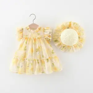 2024 Summer Girls Floral Chiffon Dress with Sequined Flower Double Flying Sleeve O-Neck and Sweet Style Includes Straw Hat