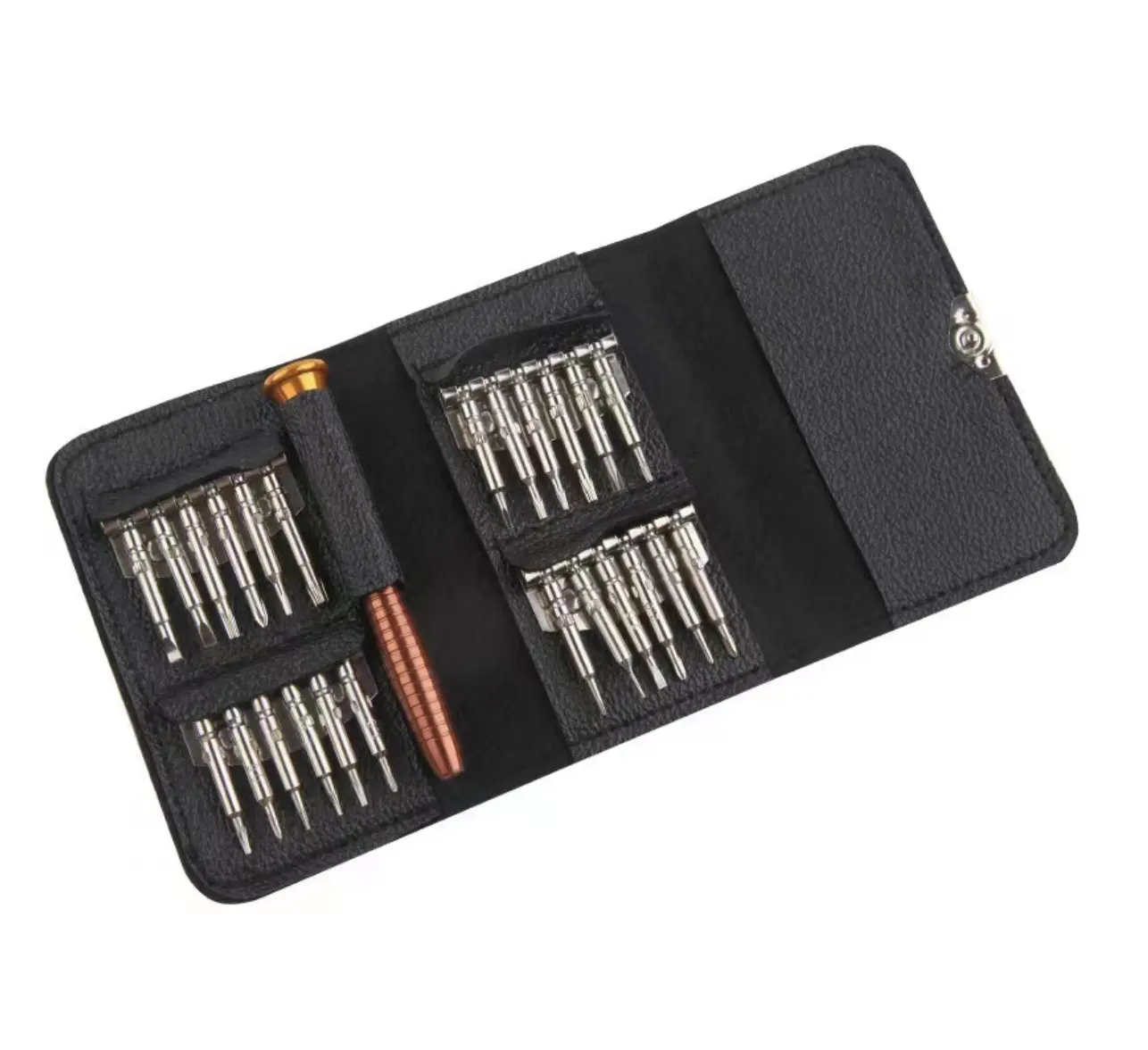 Set obeng kulit, 25 dalam 1 jenis tas kulit hitam asisten perbaikan ponsel beberapa saku dengan telepon Magnet listrik Ratchet