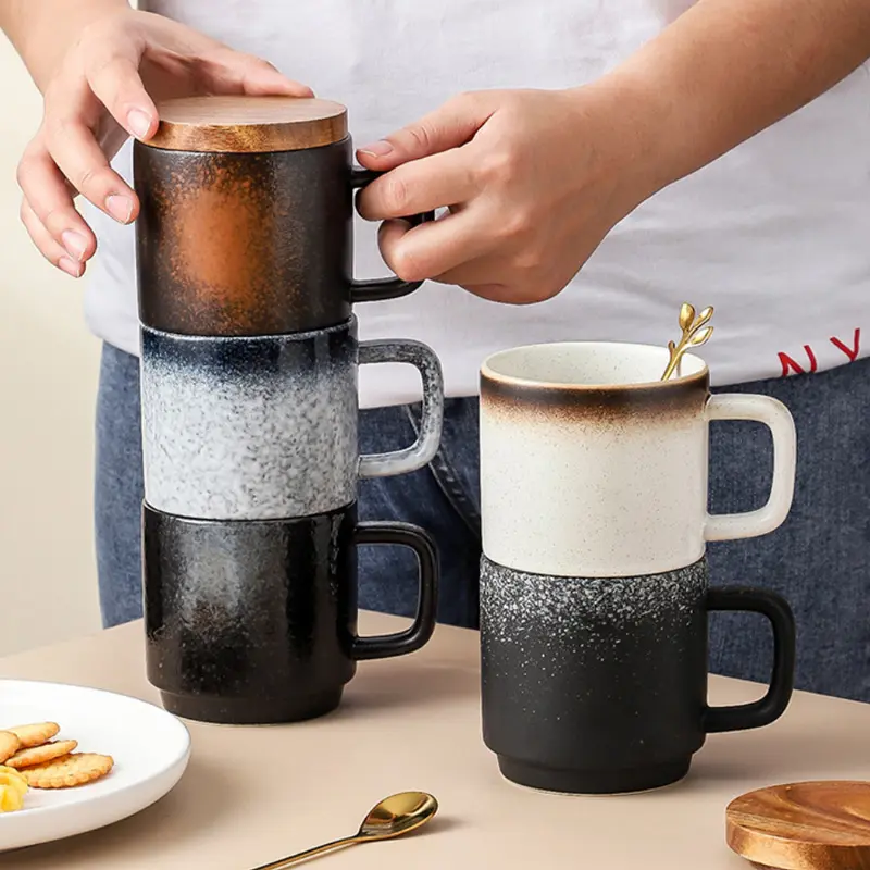 En gros Style Japonais Thé Café Tasse En Céramique Avec Couvercle En Bois