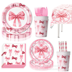 Kit de fournitures de fête avec nœud rose, assiettes jetables, gobelets, serviettes, fourchettes, cuillères, pailles pour la fête d'anniversaire des enfants - Product Image 1