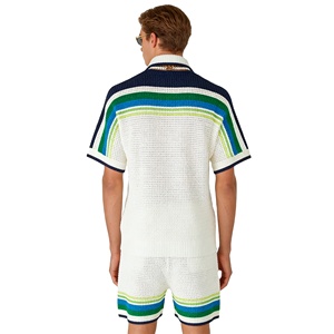 Polo in cotone estivo personalizzato con logo, maglia traforata a <span class=keywords><strong>righe</strong></span> a maniche corte, <span class=keywords><strong>camicia</strong></span> verde all'uncinetto da <span class=keywords><strong>uomo</strong></span> - Product Image 4