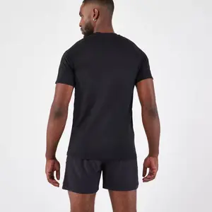 Katun desain kustom Elastane Kaos Oblong leher Crew menyerap kelembapan Fitness Gym Wear Olahraga Kaos Oblong pria polos