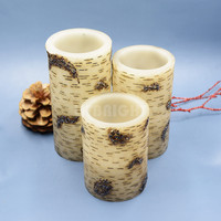 Vente en gros Ensemble de bougies LED 3 pièces sans flamme avec télécommande Conception d'écorce de bouleau jaune Cire véritable parfumée pour la décoration de la maison