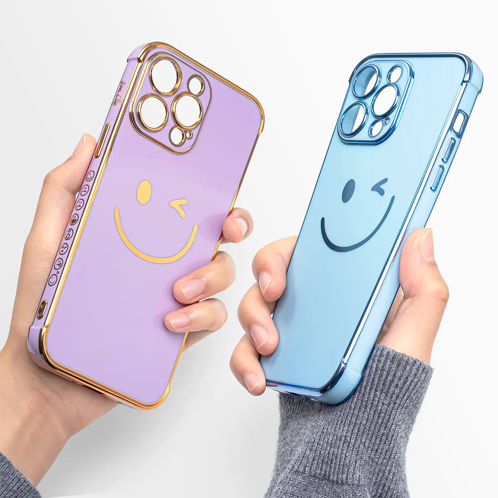 New Fashion Girls Gold Smile Pattern Plating TPU Cover Smiley Face Cute Luxury Phone Case For Iphone 14 11 12 13 Pro Max