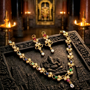 <b>Indian</b> Traditional Premium Matt Finish Multicolor Gemstone Cubic Zirconia Brass <b>Jewelry</b> <b>Set</b> Floral Leaf Chain Necklace <b>Set</b> - Product Image 1