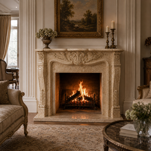 Traditional Marble <b>Fireplace</b> Mantel With Ornate Carving Galala Beige marble Stone Indoor Wood Burning Hearth For Dining - Product Image 1