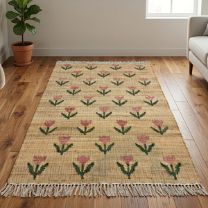Handmade Jute Area <b>Rug</b> Floral Pattern Rectangle Farmhouse Style <b>Thin</b> Flat Weave Natural Fiber Eco-Friendly Home Decor - Product Image 5