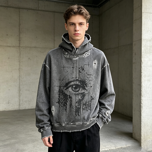 Sweat à capuche personnalisé vintage délavé avec imprimé graphique Oeil Tout-Puissant, effet vieilli et effiloché, coupe courte et carrée, pour homme, style gothique streetwear - Product Image 5
