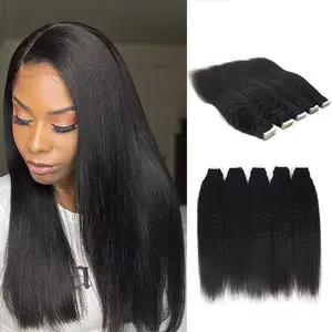 Tape in Yaki Hair Extensions Human Hair #1b Black 18 Inch Yaki Straight Tape ins 50grams 20pcs Full Head 9A Brazilian Real Human