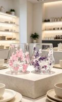 Gobelet en verre à double paroi avec fleurs séchées créatives, motifs multiples, verre décoratif géométrique