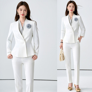 Women's White Suit Fitted Waist Notched Collar Anti-Wrinkle Professional Workwear Career Dress Pants Set - Product Image 1