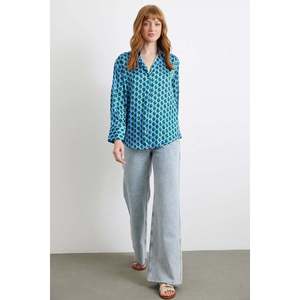 Camisa de Satén con Estampado Geométrico Azul, Blusa Casual con Botones para Mujer, Uso Diario - Product Image 5