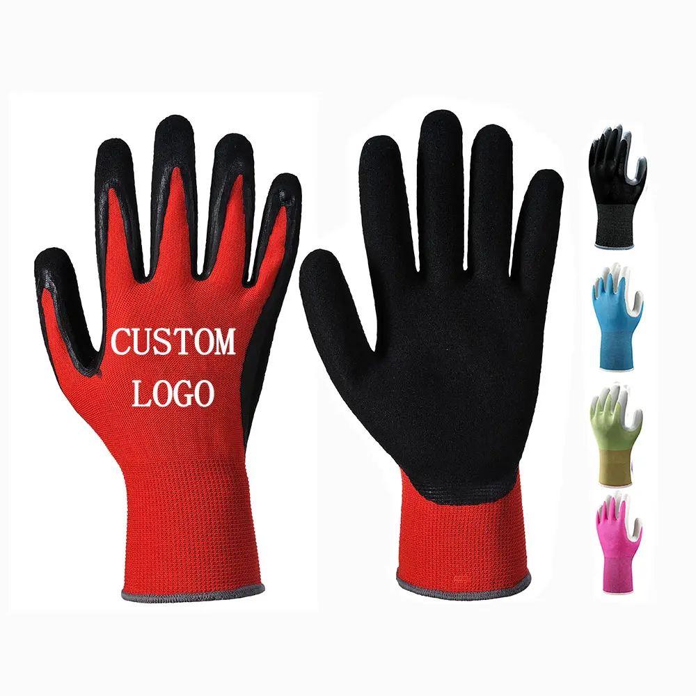 Logo personnalisé rouge noir enduit huile gants de travail à prise humide homme caoutchouc nitrile paume trempé gant de sécurité femmes mécanicien Construction