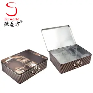 Valise en fer blanc avec impression personnalisée, emballage rectangulaire avec poignée en métal, boîte en étain transparente pour cosmétiques en PVC
