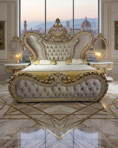 Cama con Botones Decorativos Estilo Real, Marco de Madera con Grabado Clásico, Muebles de Dormitorio Antiguos - Product Image 3