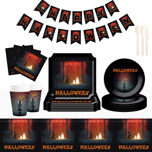 DAMAI Fournitures de fête d'Halloween : Assiettes et serviettes d'Halloween au design citrouille, chat noir et fantôme mignon, ambiance violet et noir - Product Image 1