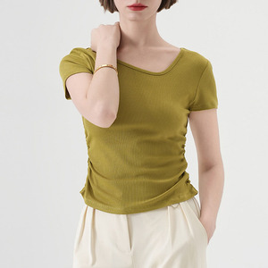 Wholesale Short-sleeved T-shirt Women's Summer Diagonal Collar Design Sense Solid Color Simple Slim Rib Short Sleeve Top - Product Image 1