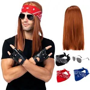 Set Aksesori kostum Rocker 90s, Wig Punk Halloween, Wig pesta disko logam berat, Wig Rock Star, pakaian performa Rockstar