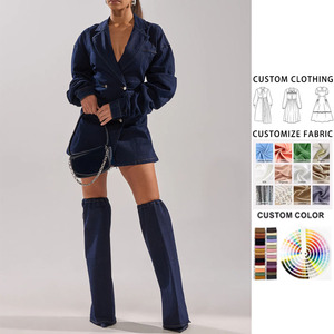 <span class=keywords><strong>Abbigliamento</strong></span> da donna all'ingrosso Custom Chic lunghe maniche lombate girocollo stretto in vita Mini abiti Casual in Denim con lavaggio scuro - Product Image 1
