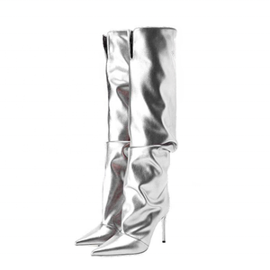 Gold Pleated Upper on Shoes <b>High</b> Thin Heels Pointed Toe Slouchy Long Boots Women's <b>Knee</b> <b>High</b> Booties - Product Image 2