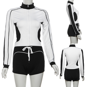 017 nuovi arrivi set a blocchi di colore Sport 2 pezzi completo da donna tute autunnali giacca Zip + pantaloncini con coulisse - Product Image 4