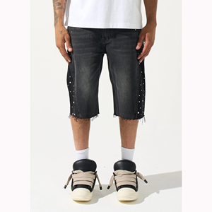 Shorts de Mezclilla Negra Premium con Lavado Vintage, Shorts Personalizados con Pedrería para Hombre, Dobladillo sin Rematar, Cremallera Lateral, Estilo Urbano, Comodidad y Estilo - Product Image 2