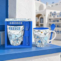 Tasses en céramique souvenirs de Santorin, Grèce, avec motif des monuments de l'île, tasses à café et à lait en céramique avec cuillère, OEM ODM, vente en gros
