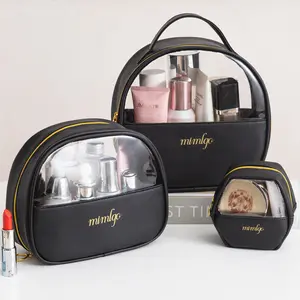 Waterproof travel toiletry transparent women makeup organizer 3 piece set leather pu cosmetic bags cases