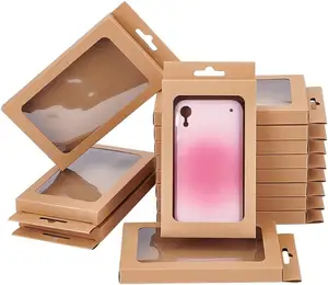 Kotak kertas kraft putih/hitam dengan jendela pvc untuk casing ponsel, kotak kemasan casing telepon ritel universal lubang gantung