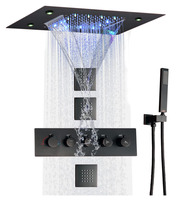 Système de robinetterie de douche thermostatique en bronze huilé avec pommeau de douche cascade LED 14 x 20 pouces et mitigeur de salle de bain