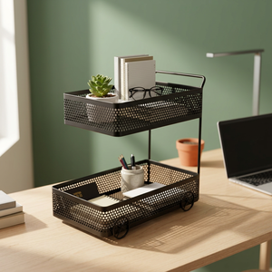 Minimalist Double Tier Metal Storage Rack <b>With</b> <b>Wheels</b> For <b>Desk</b> Organization - Product Image 6