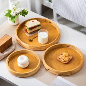 Round Bamboo <b>Tray</b> With Handle Natural Color For Tea Breakfast Snack Serving Home Use Hotel Coffee <b>Storage</b> <b>Tray</b> - Product Image 1