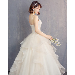 White V-Neck Ball Gown Wedding Dress Champagne Color Floor Length Formal Bridal Dress With Straps Natural Waistline - Product Image 4