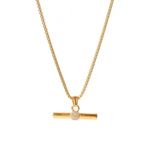 Luxe Clair Cz Diamant T-Bar Pendentif Boîte Chaîne 18K PVD Plaqué Or En Acier Inoxydable Pendentif Collier