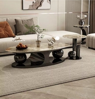 Table basse ovale en pierre frittée brillante de style italien avec base à double boule et ensemble de tables d'appoint - Luxe léger et minimaliste
