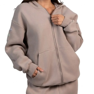 Chaqueta con Capucha para Mujer, 100% Algodón, Color Sólido, Diseño Holgado Informal con Cierre y Hombros Caídos, Bordada, para Uso Diario - Product Image 1