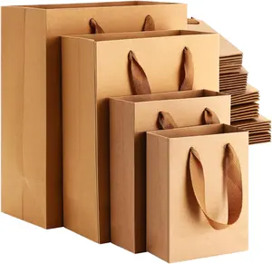 批发定制牛皮纸购物袋带手柄工厂印刷包装袋，带有零售标志