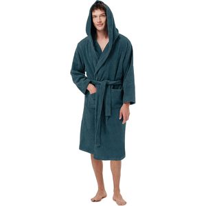 Albornoz de felpa para hombre con capucha, de algodón, largo hasta la rodilla, para spa o ducha, con bolsillos, suave, de manga larga - Product Image 1